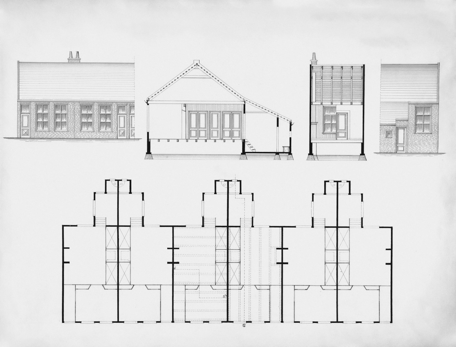 Titel: Ontwerp van zes woningen. Beschrijving: voor- en achtergevel/doorsneden/plattegronden