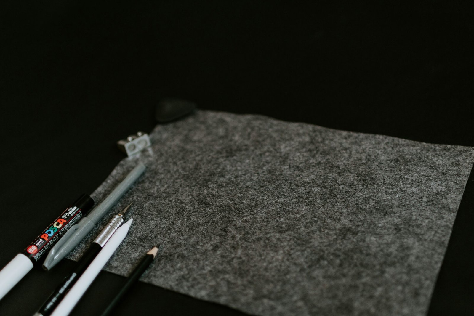 A pair of scissors and some pens on a piece of felt