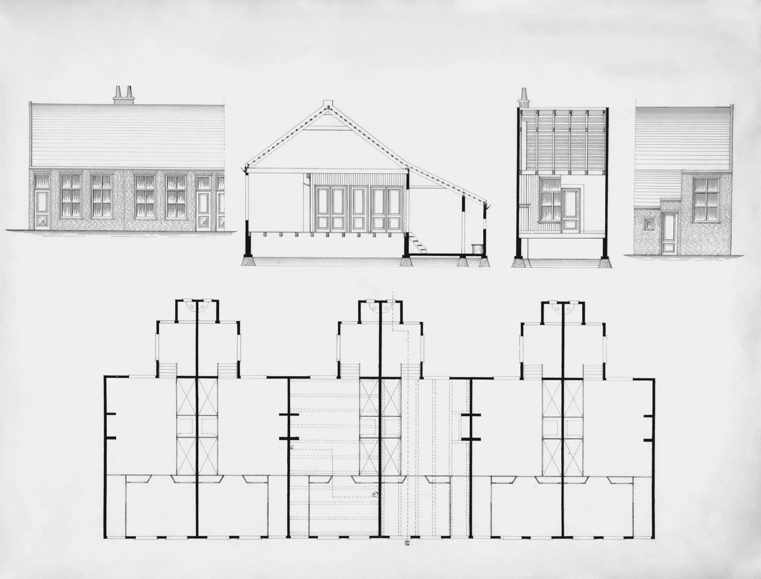 Titel: Ontwerp van zes woningen. Beschrijving: voor- en achtergevel/doorsneden/plattegronden