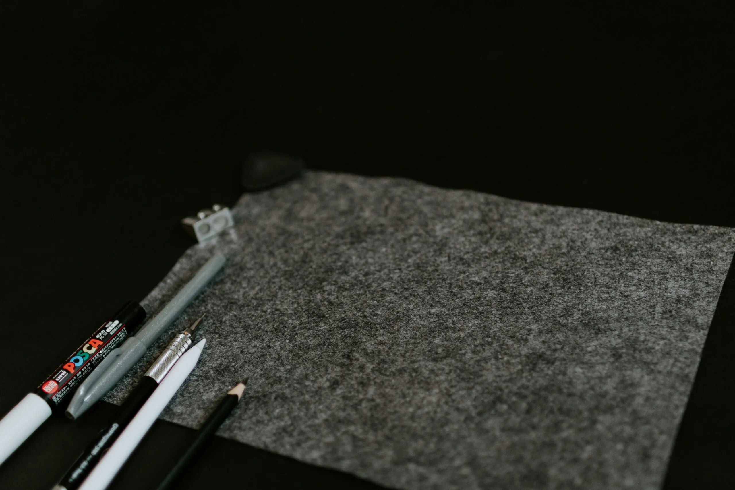 A pair of scissors and some pens on a piece of felt