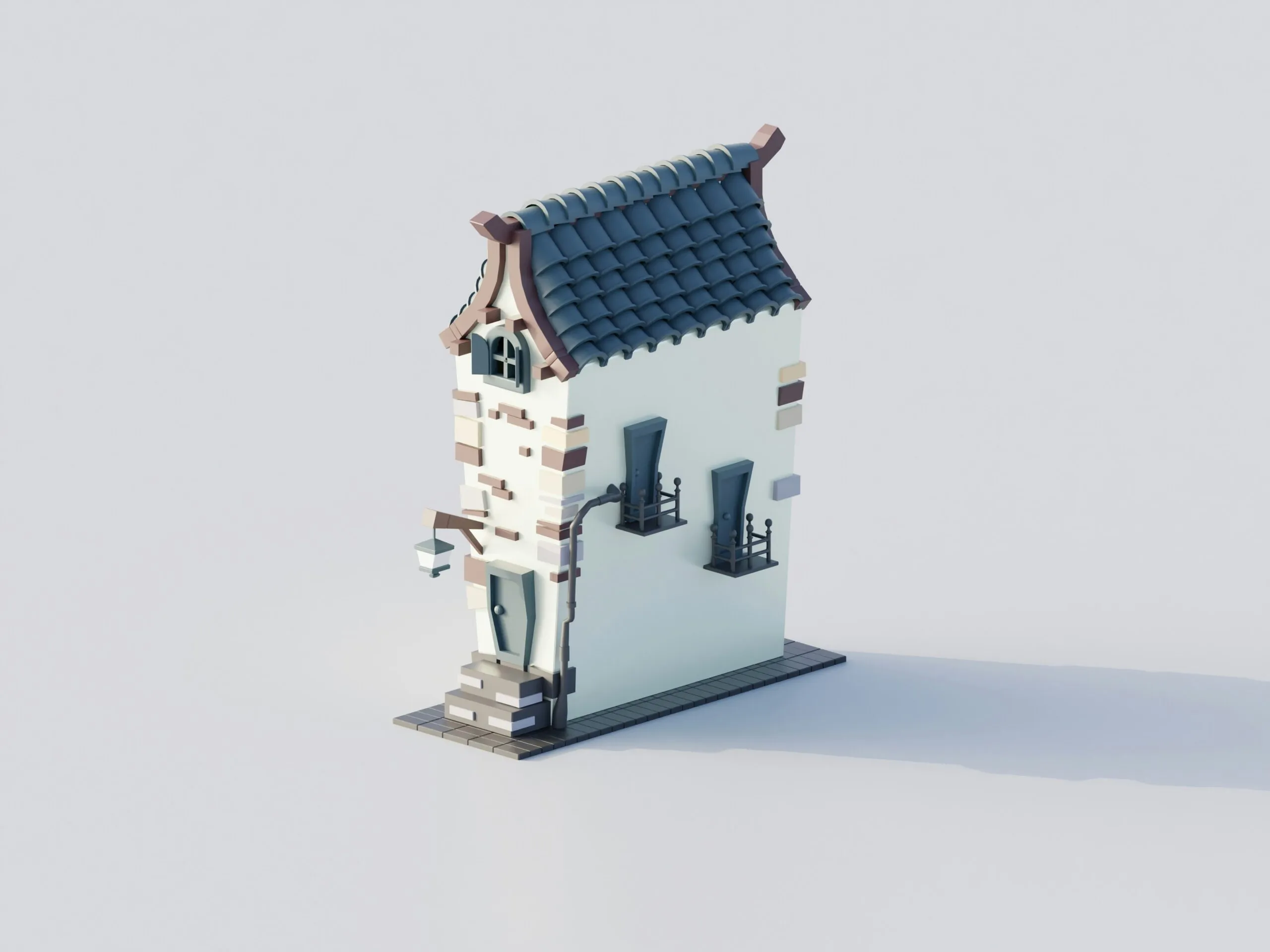 A tall, narrow cartoon-style house with a blue roof