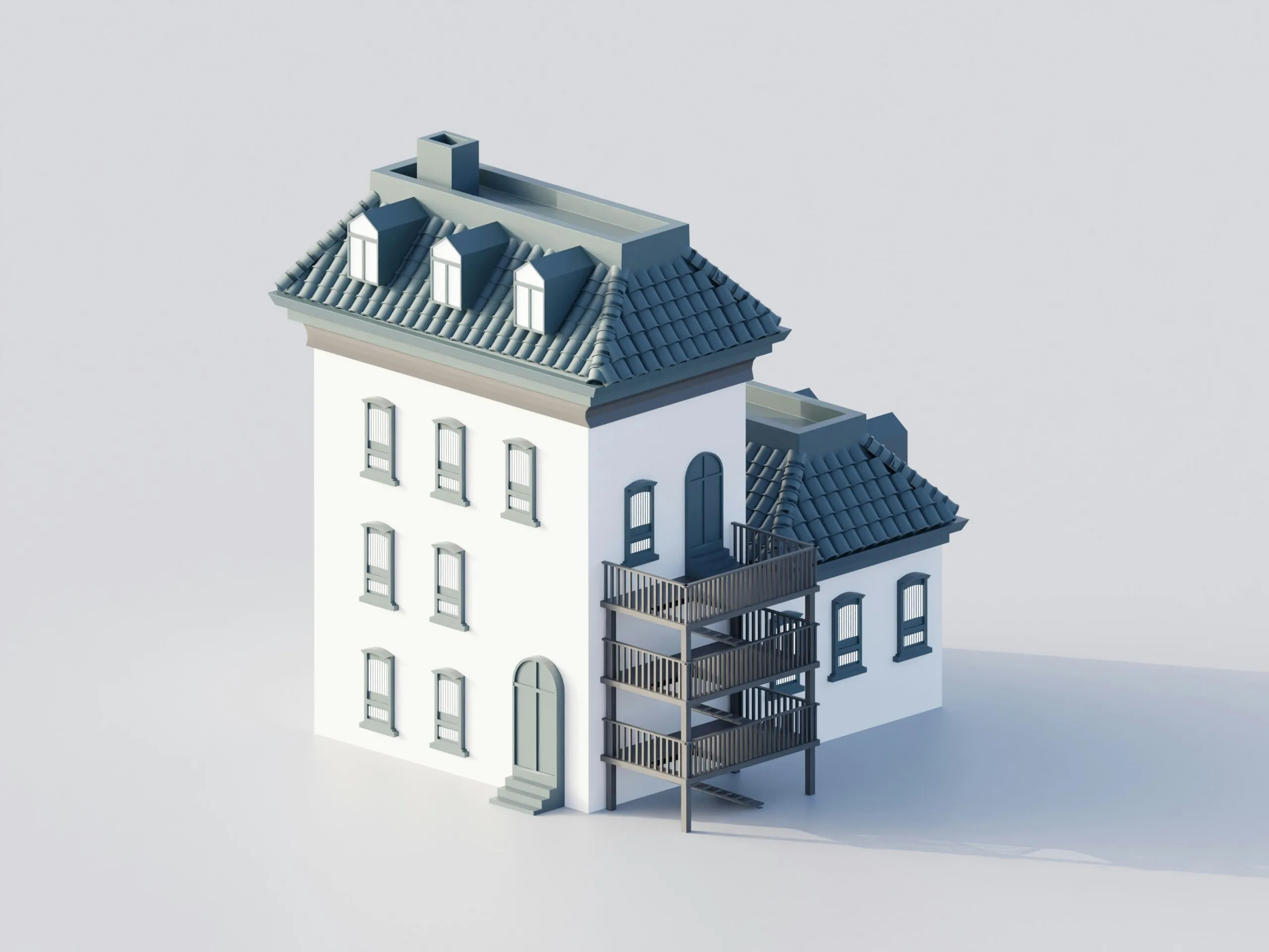 A white building with a dark roof and balconies.