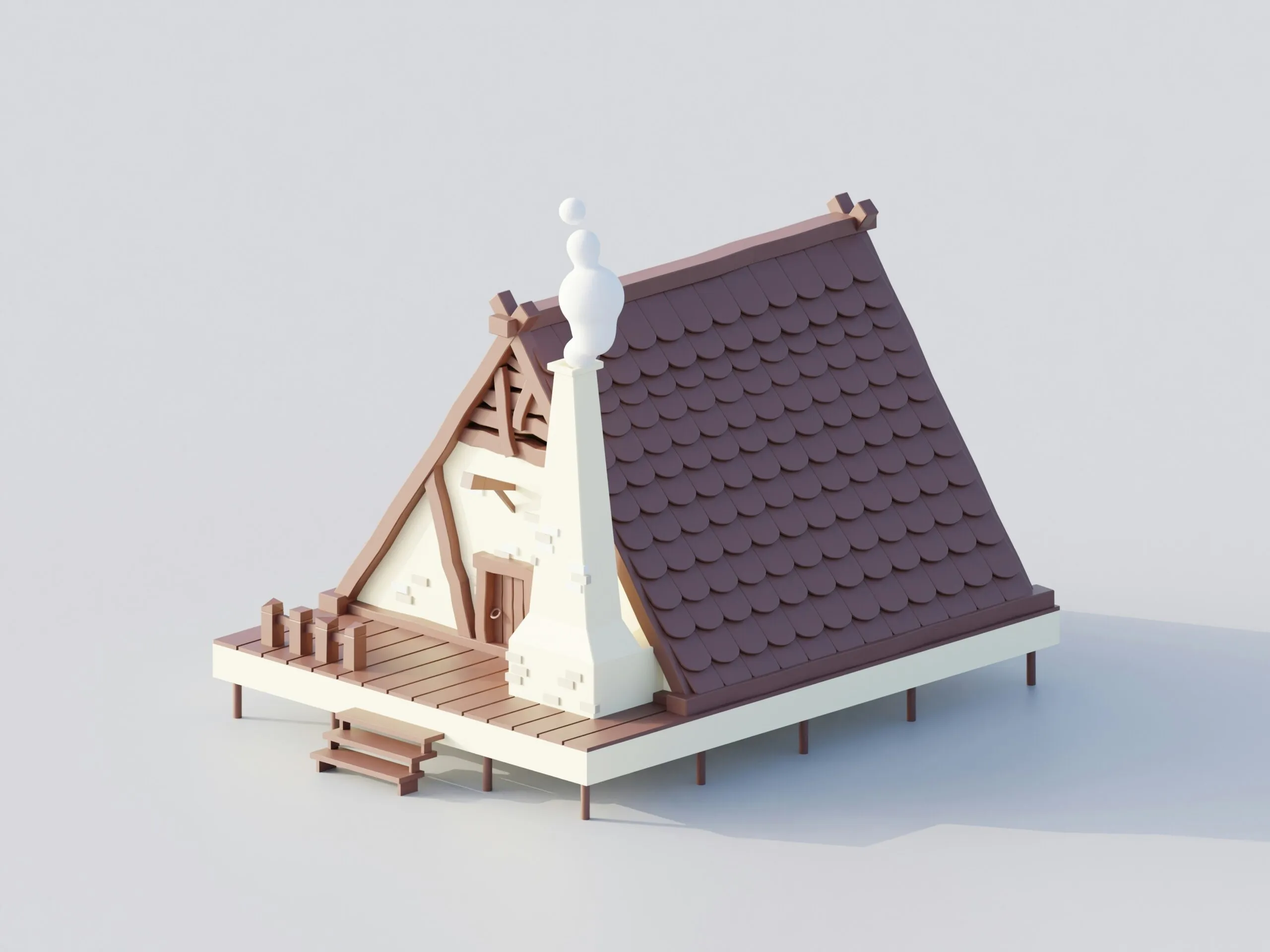 A charming, stylized cottage with a steep roof.