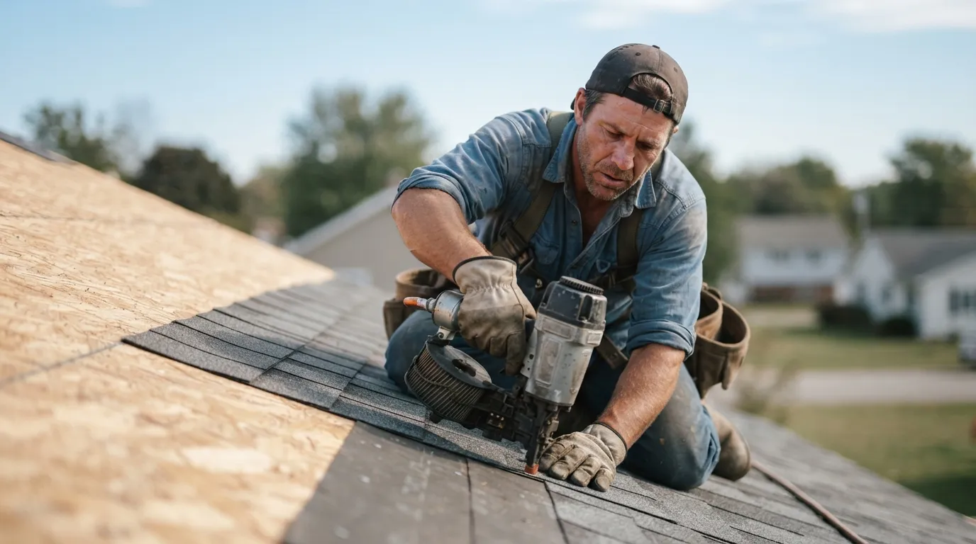 a person installing roofing material on a wooden roof