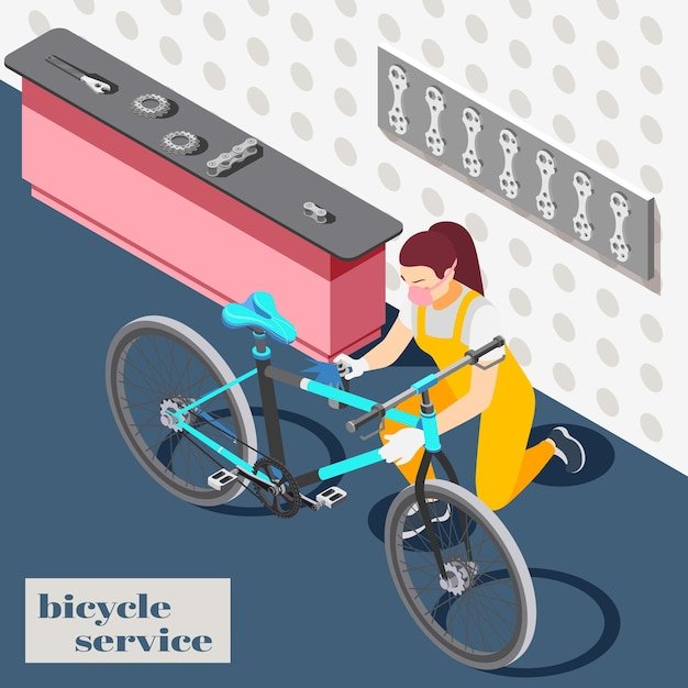 Bicycle repair maintenance service shop interior isometric illustration