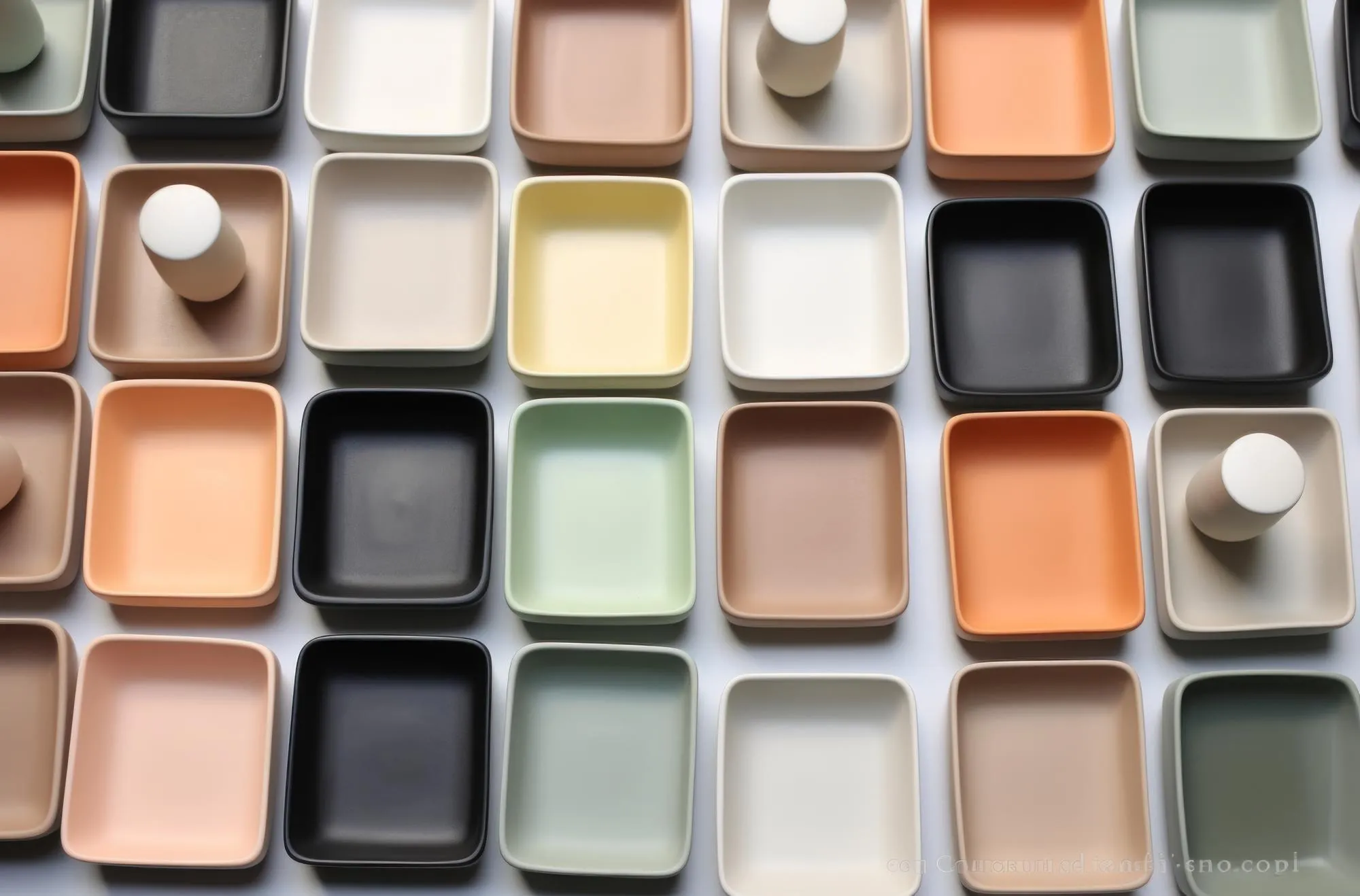 different coloured ceramic plates and cups arranged on a white table