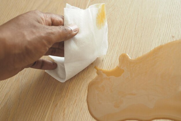 Hand wiping spilled tea with paper napkin on floor