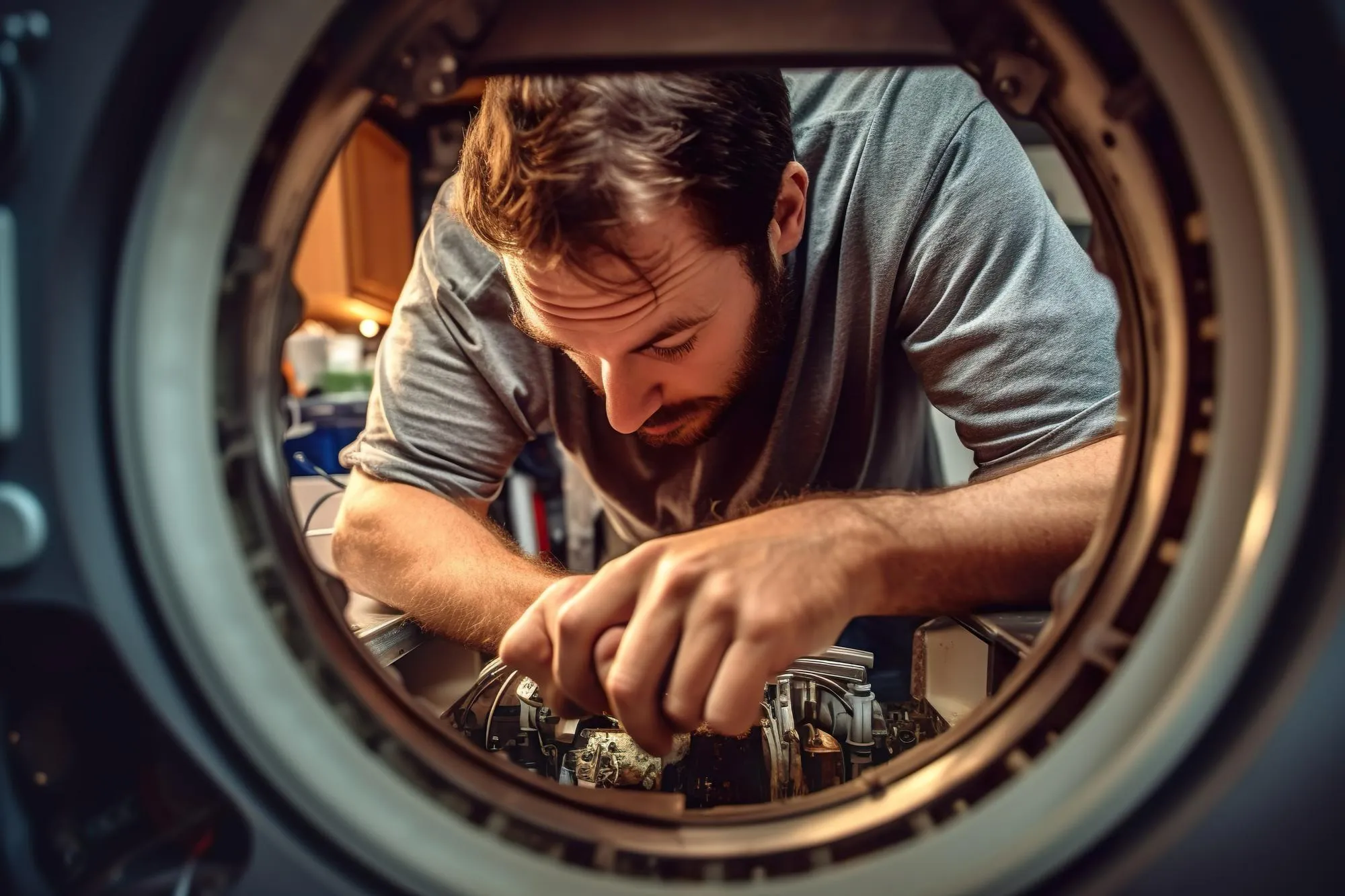 Illustration of young male repairing washing machine