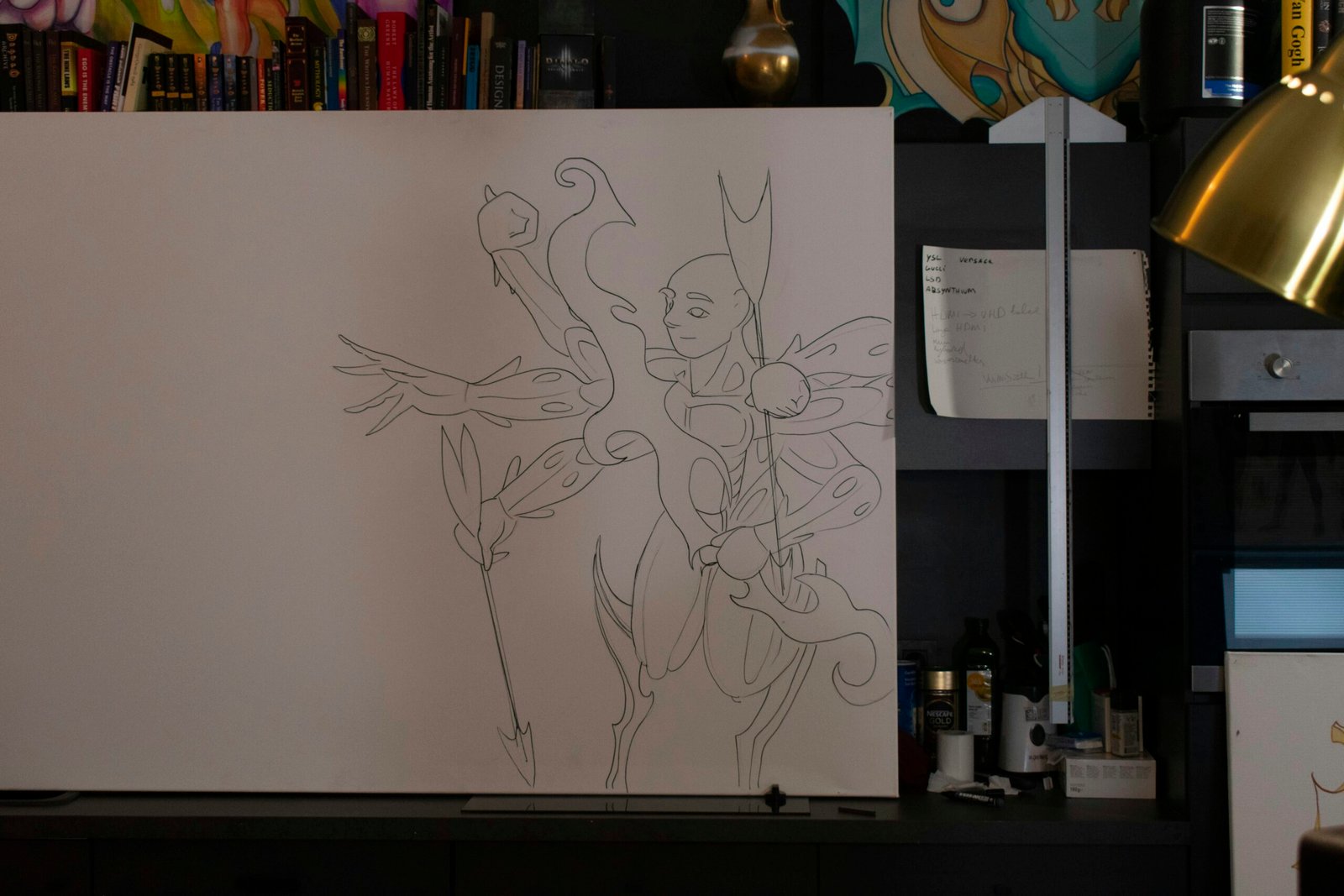 Sketch of a fantastical character on a canvas.