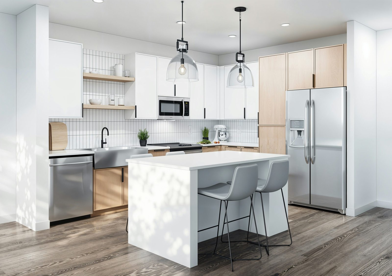 A kitchen with a center island and a refrigerator