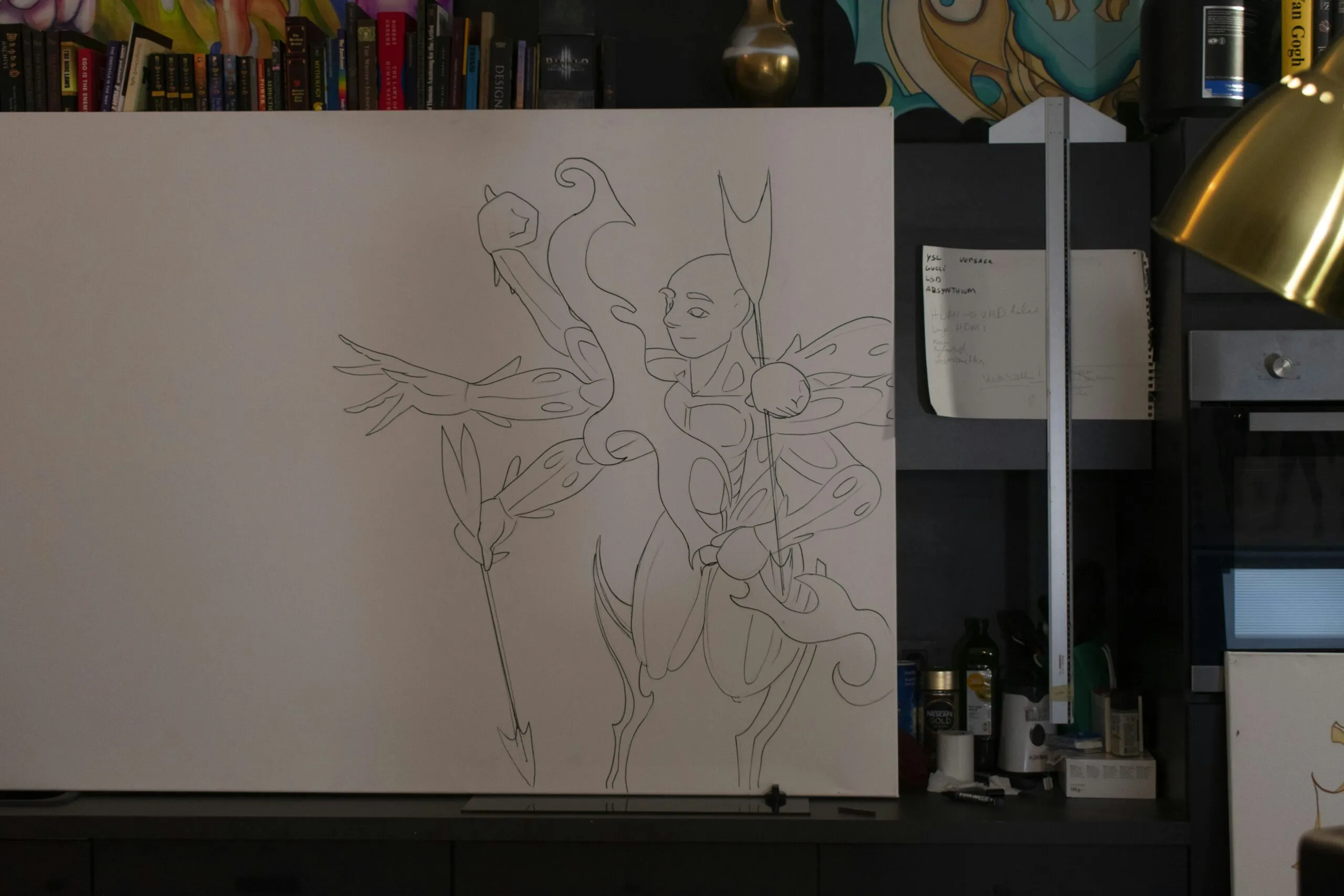 Sketch of a fantastical character on a canvas.