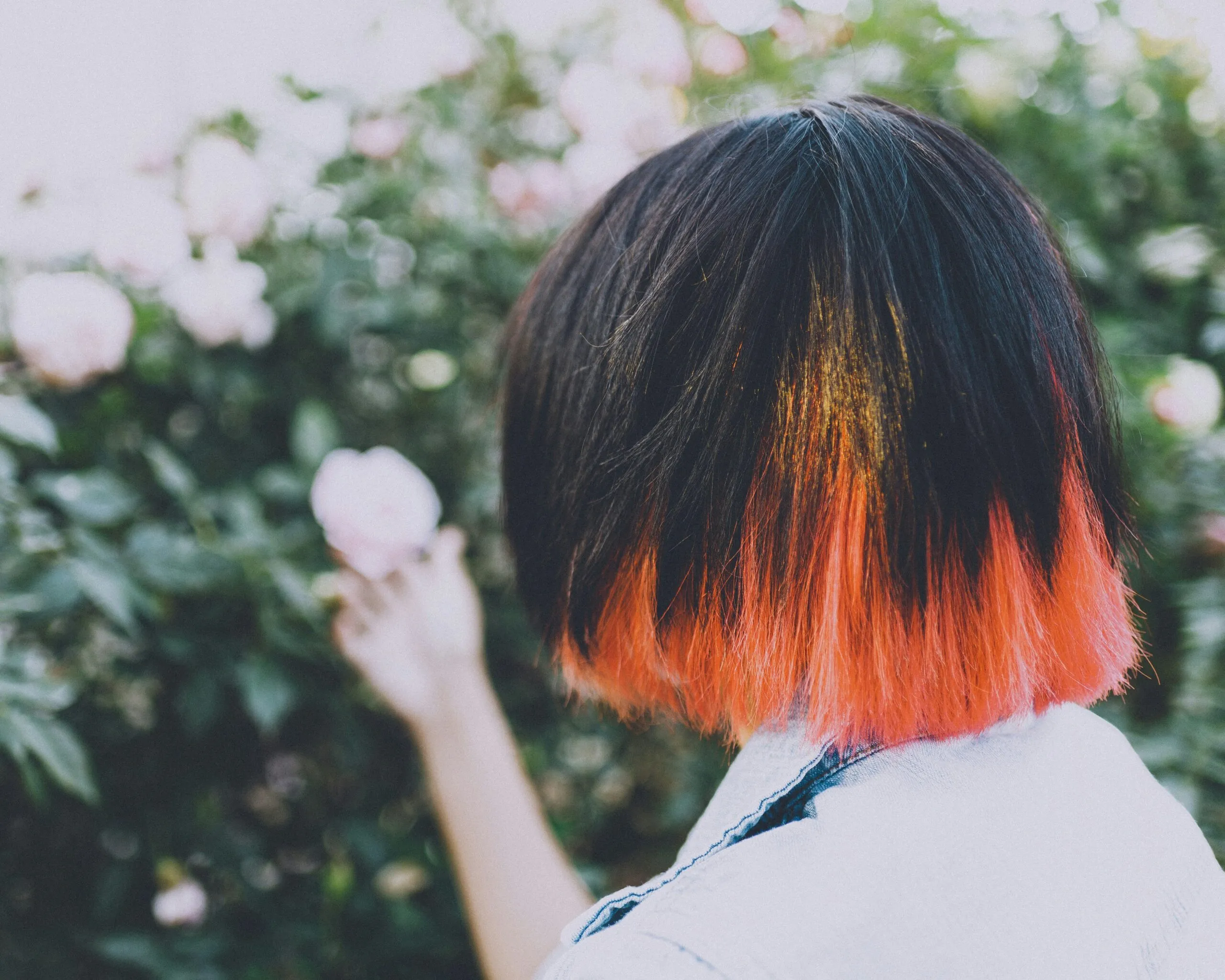 a woman with orange and black hair holding a flower