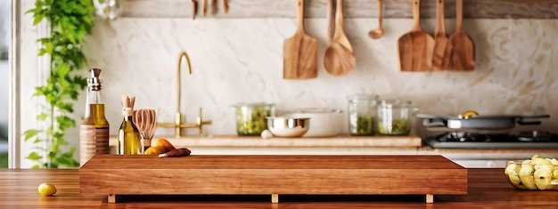 Kitchen podium background with wooden platform for food product display Empty counter marble surface