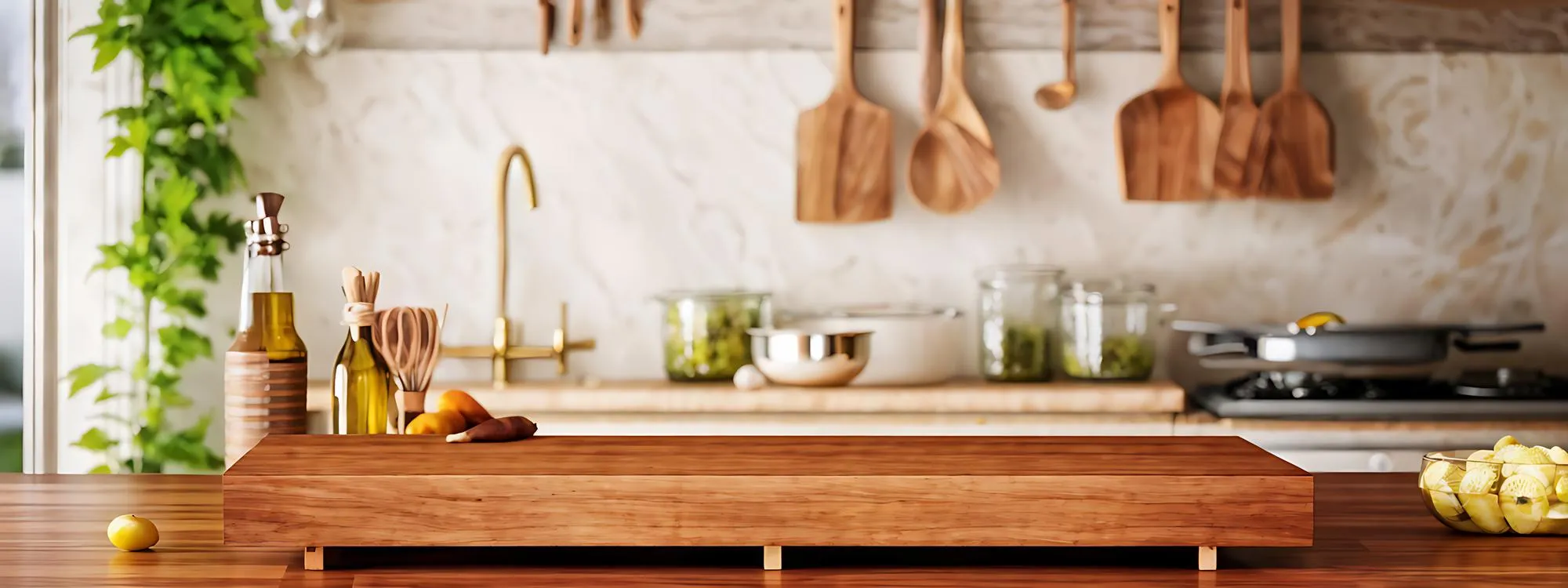 Kitchen podium background with wooden platform for food product display Empty counter marble surface