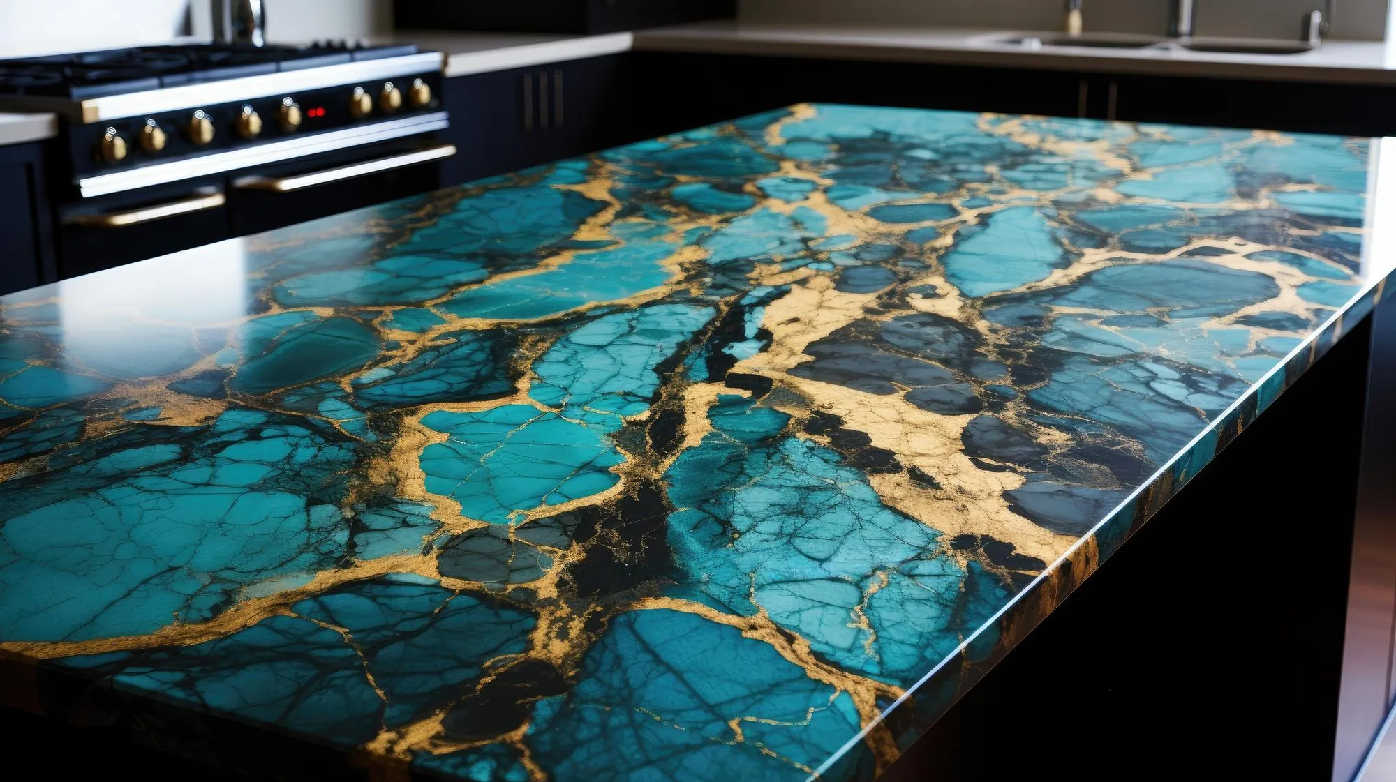 Kitchen worktop Luxurious elegant turquoise marble stone texture with gold details Polished granite