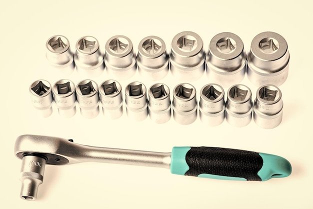 Knob for socket wrench nut ratchet close up Ratchet wrench Ratchet tool Steel made no skid threaded handle hold firmly without slipping Universal socket sets Can be used in hard to reach places