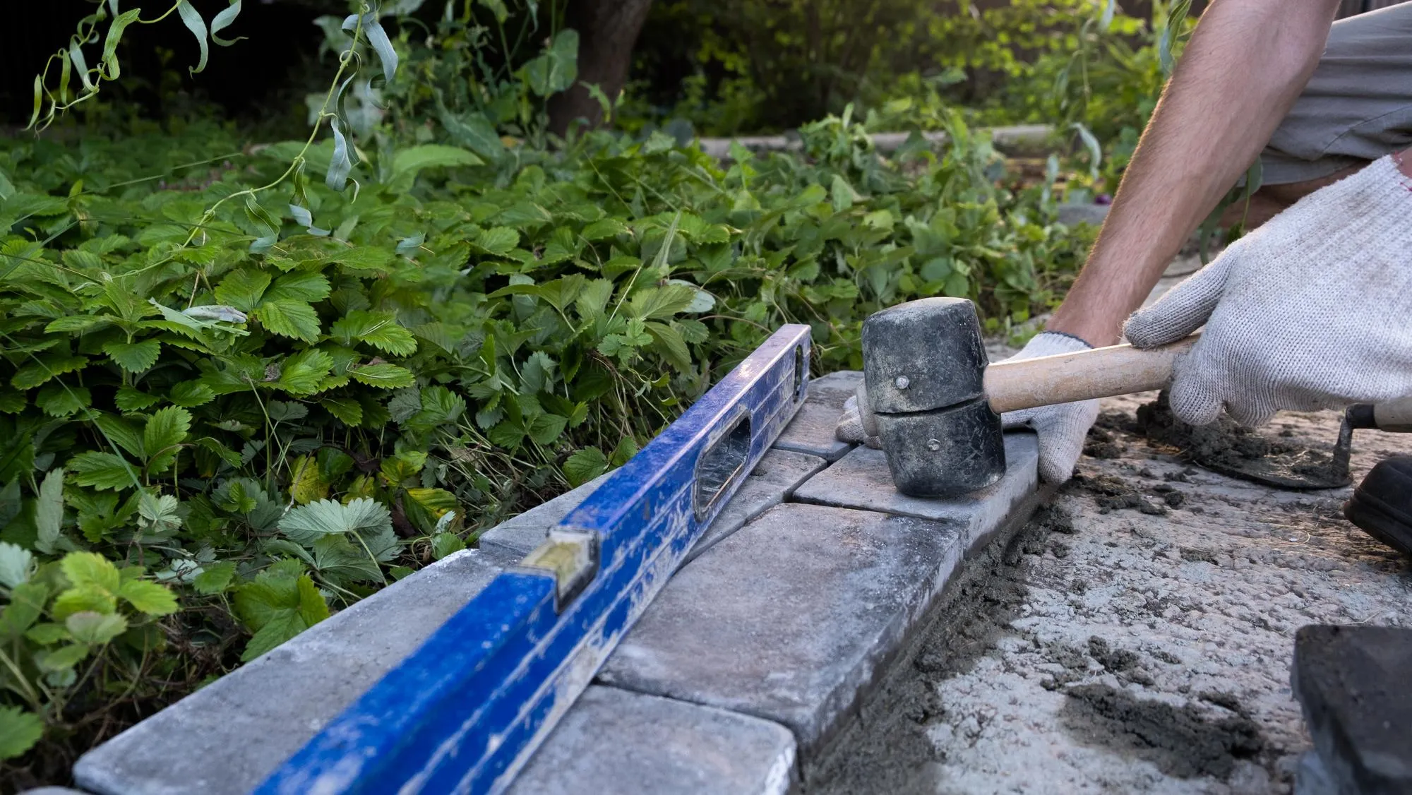Laying paving stones on cement mortar Laying a garden path Selflaying of concrete paving slabs DIY