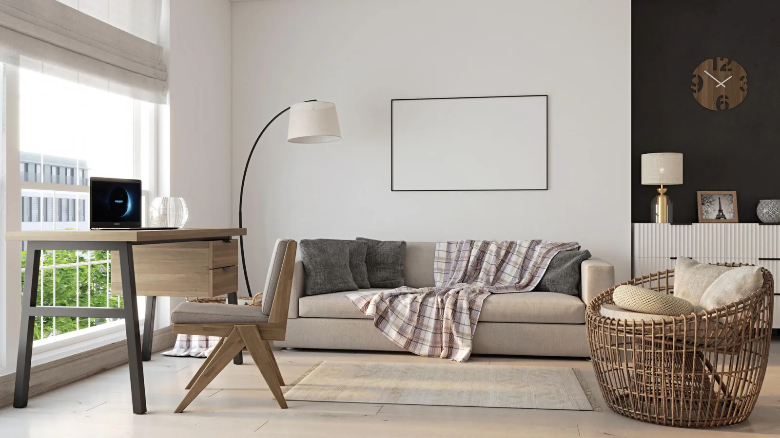 Living room interior design Design project of modern apartment with workspace comfortable sofa soft carpet and decor Stylish room with wooden furniture and painting mockup Realistic 3D rendering