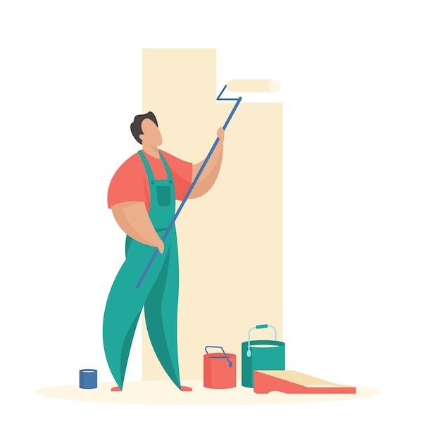 Man paints wall with roller Professional painting of interior apartment and premises
