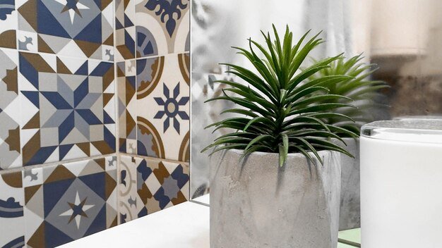 Minimalist Bathroom Decor with Concrete Planter and Patterned Ceramic Tiles A stylish and modern setup featuring a green plant in a concrete pot alongside intricate geometric tile patterns