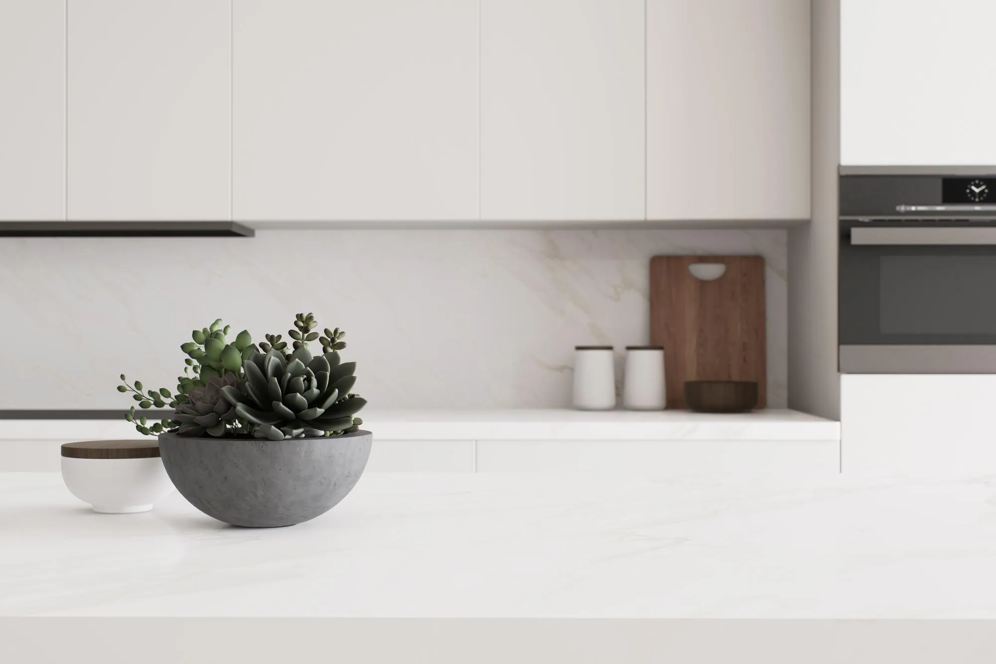 Modern minimalist kitchen with beautiful juicy decor to create a stylish atmosphere