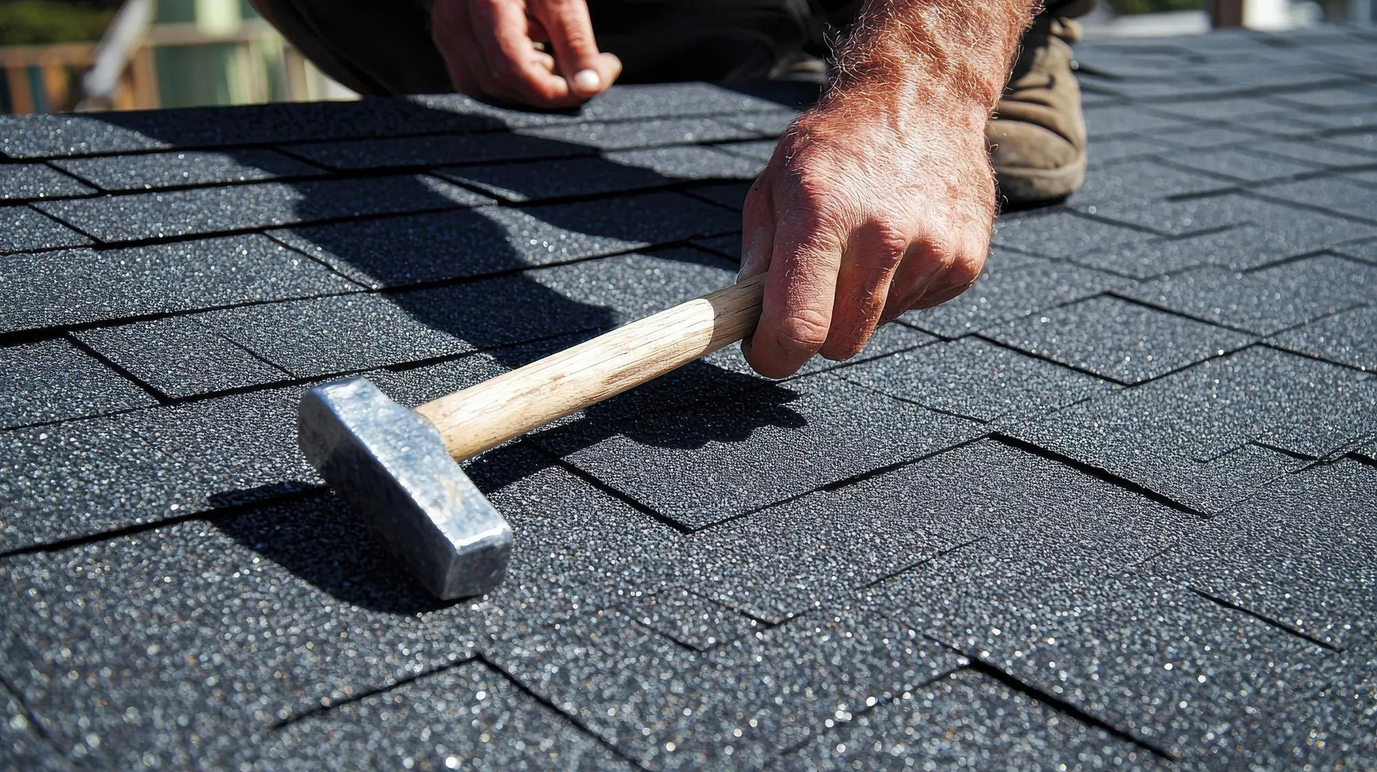 Roofer Working on a Sunny Day Installing Shingles on a Roof