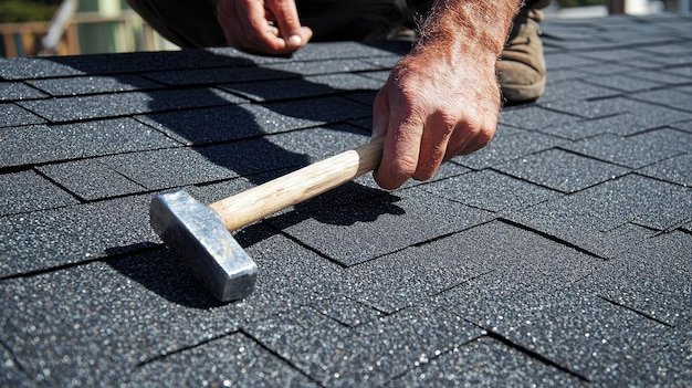 Roofer Working on a Sunny Day Installing Shingles on a Roof