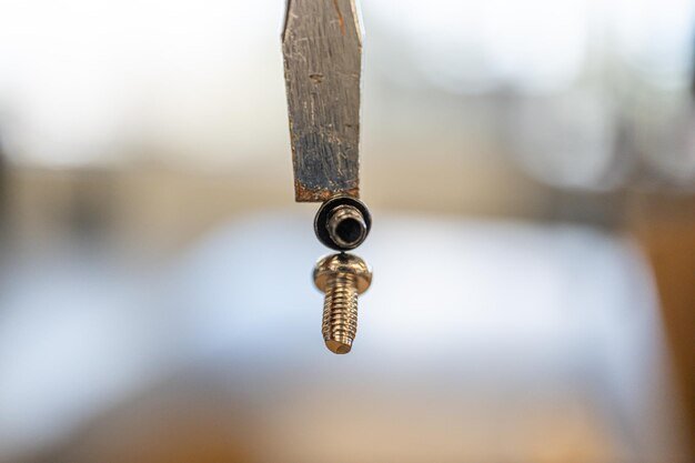 Screw hanging from magnetic screw driver to repair electronics