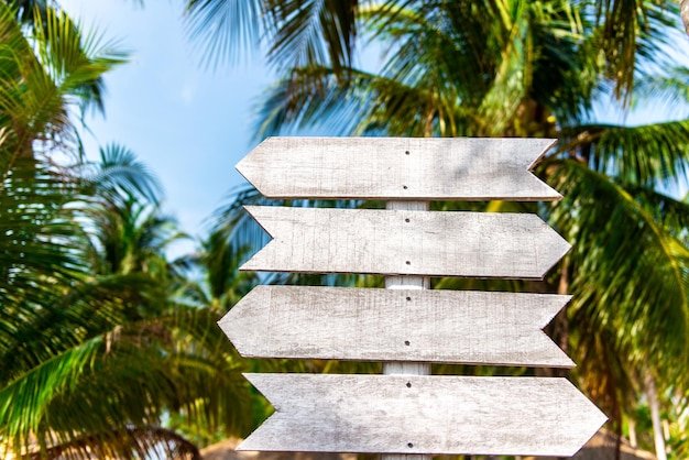 Wooden signpost on a background of palm trees on a tropical island
