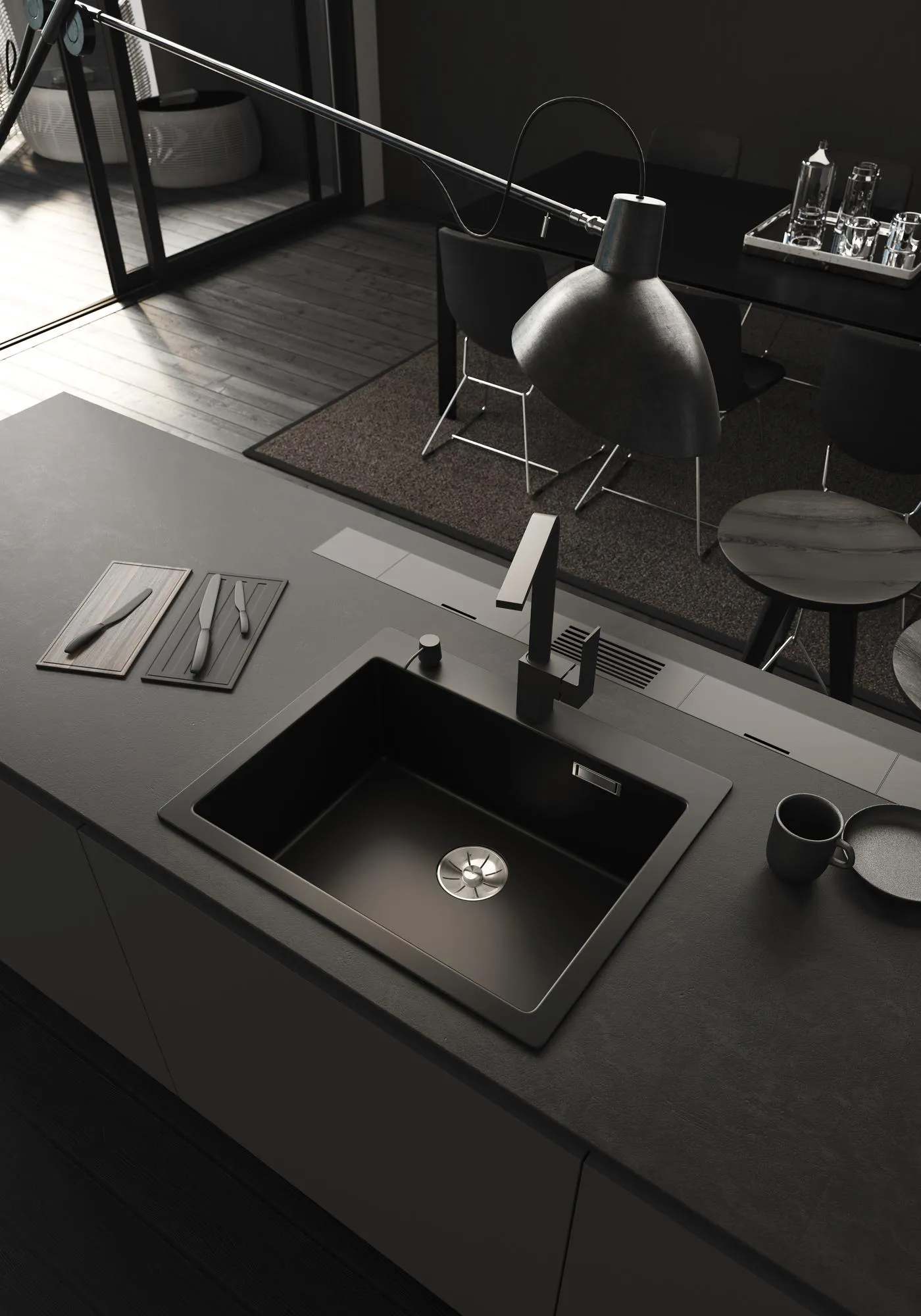 3d Render of black kitchen with black sink and faucet Natural soft light