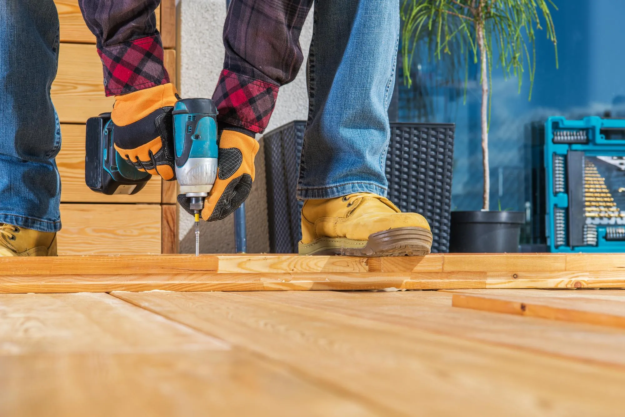 Building Wooden Porch Attaching Wood Planks Elements