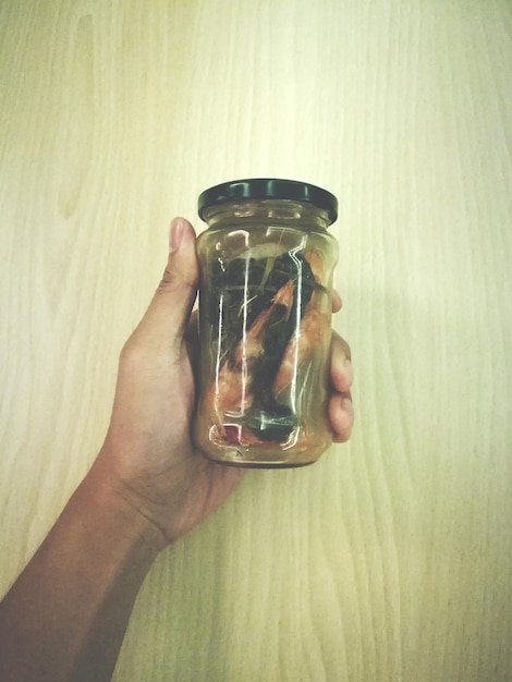 Close-up of hand holding plant in jar