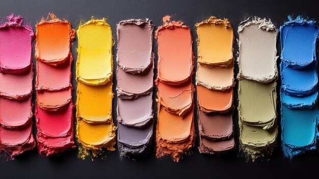 Colorful eyeshadow palette swatches on black background