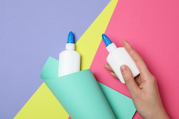 Concept of stationery accessories glue with space for text