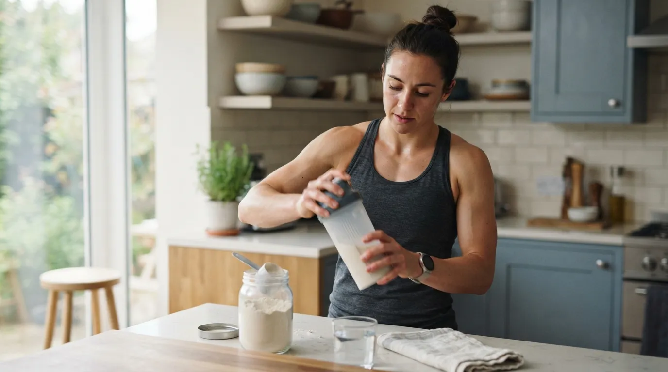 an athlete mixing a protein drink in a kitchen