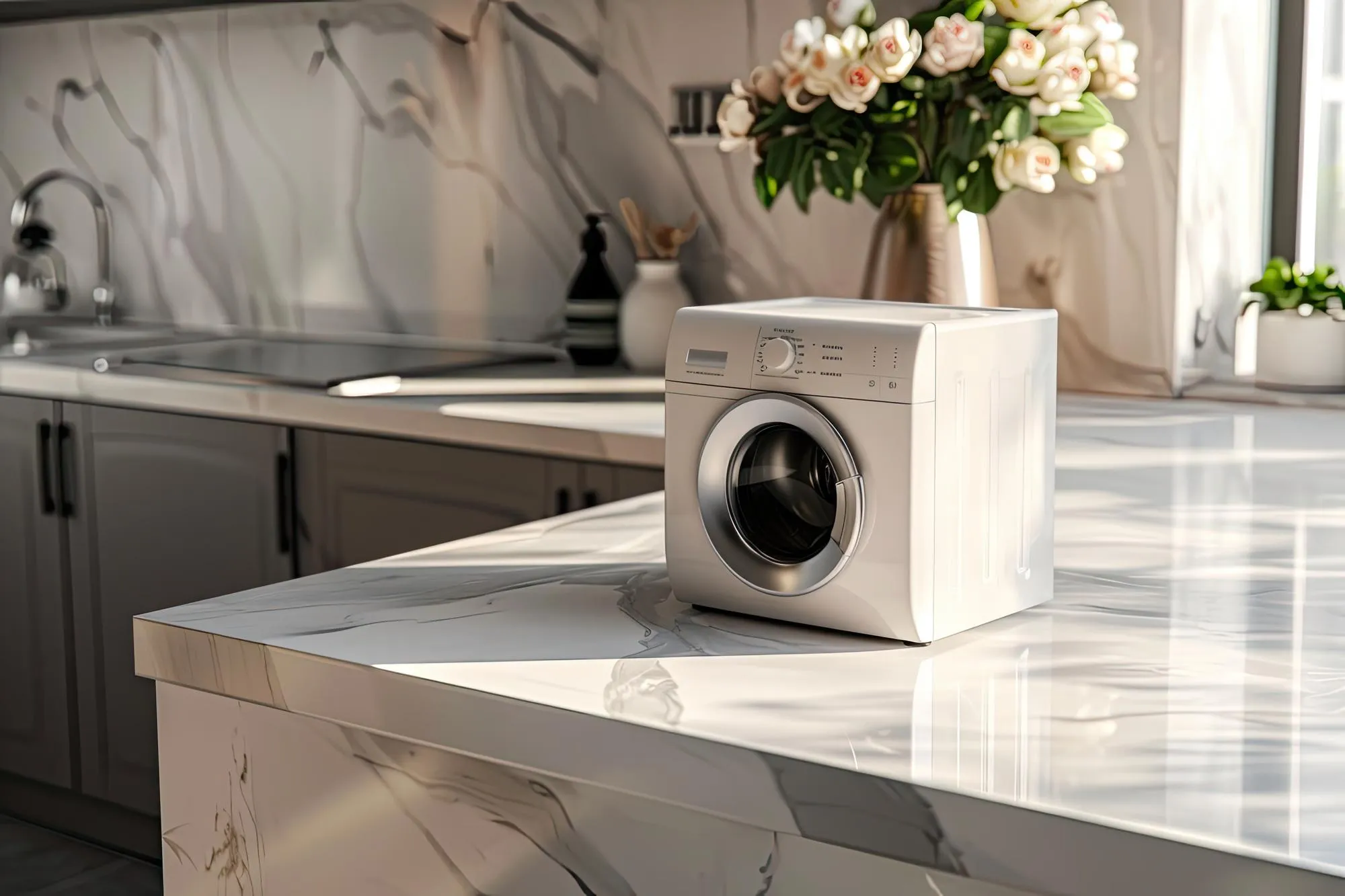 A domestic appliance sitting on a stylish countertop