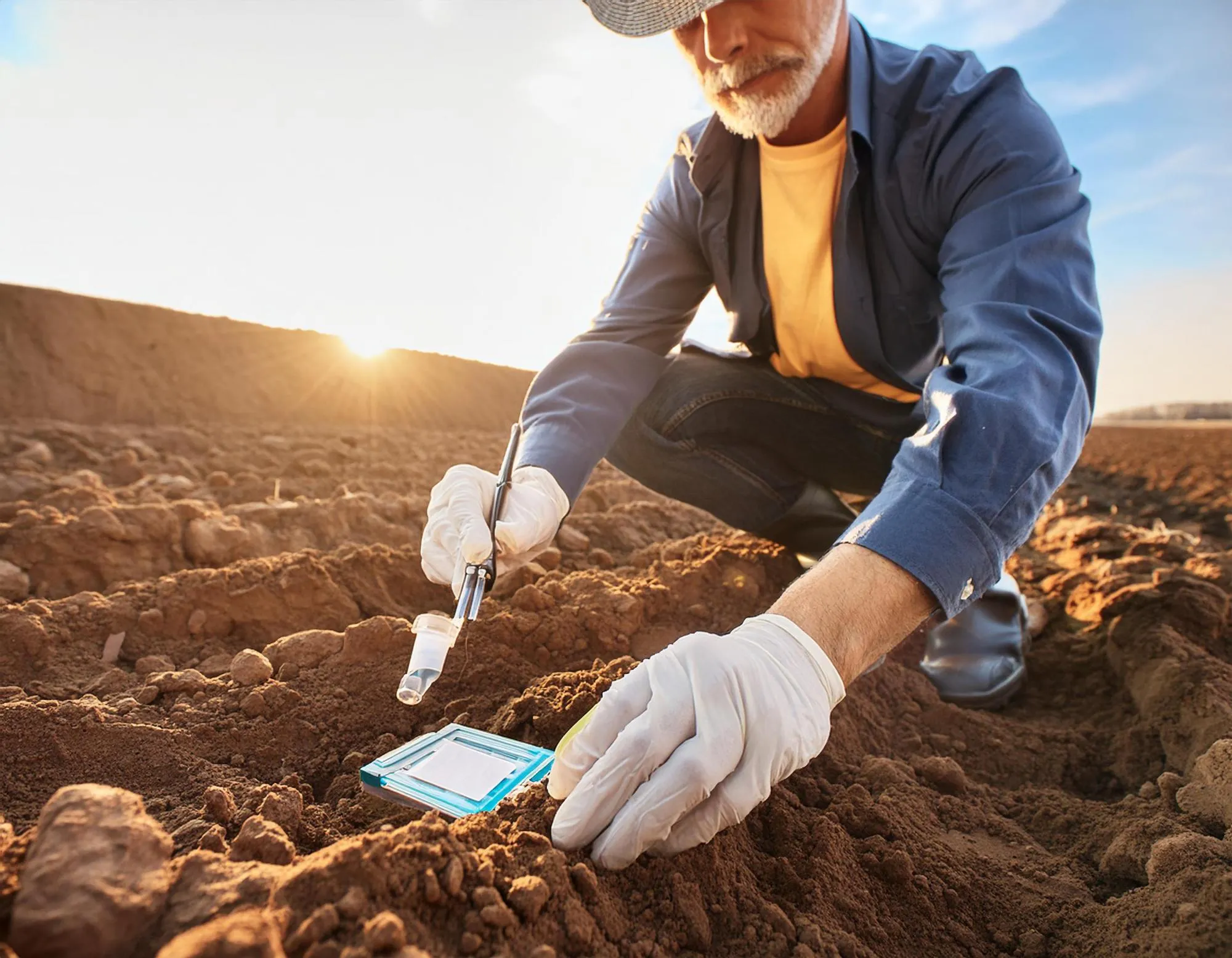 Farmer Checking Soil Quality with Soil Sample Kit