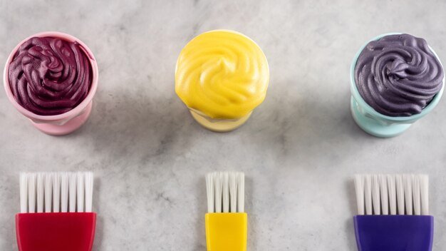 Hair paints samples and brushes on grey