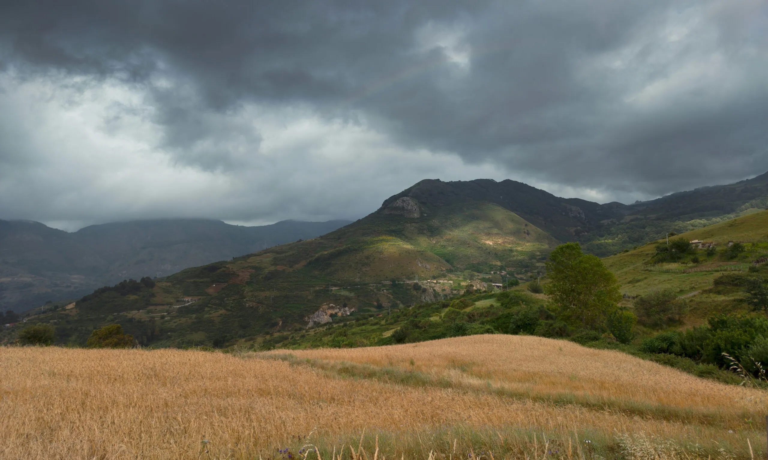 green and brown grass field near mountain under cloudy sky during daytime