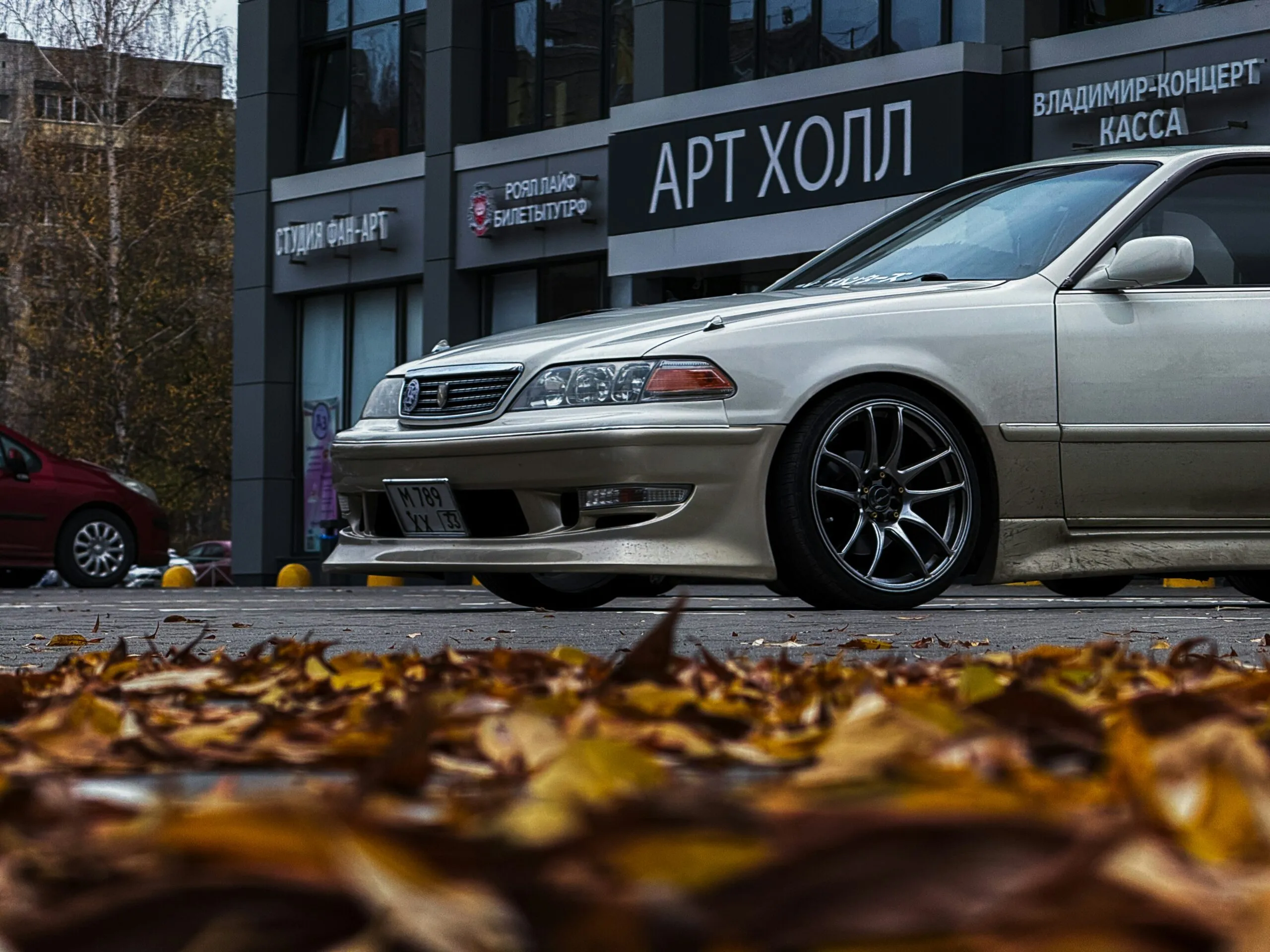 White sedan parked near building with autumn leaves