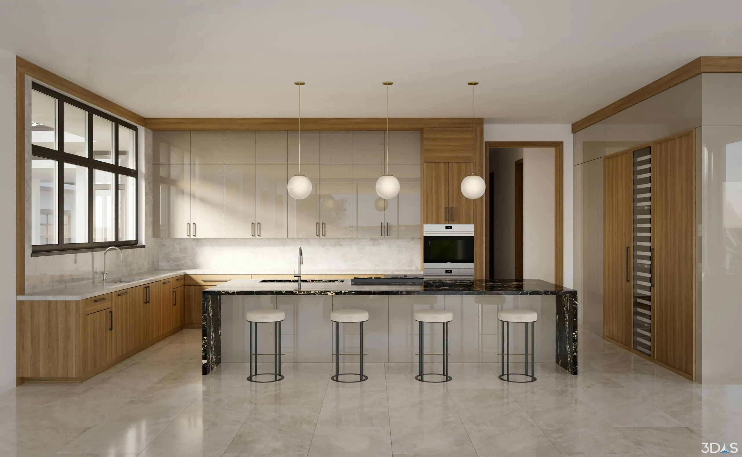a kitchen with a marble counter top and bar stools