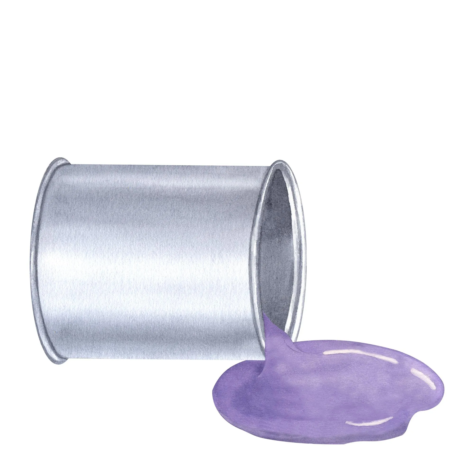 Iron aluminum can violet paint leaking flowing Hand drawn watercolor illustration isolated