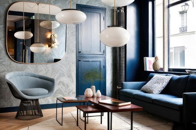 a living room with a blue door and a blue door