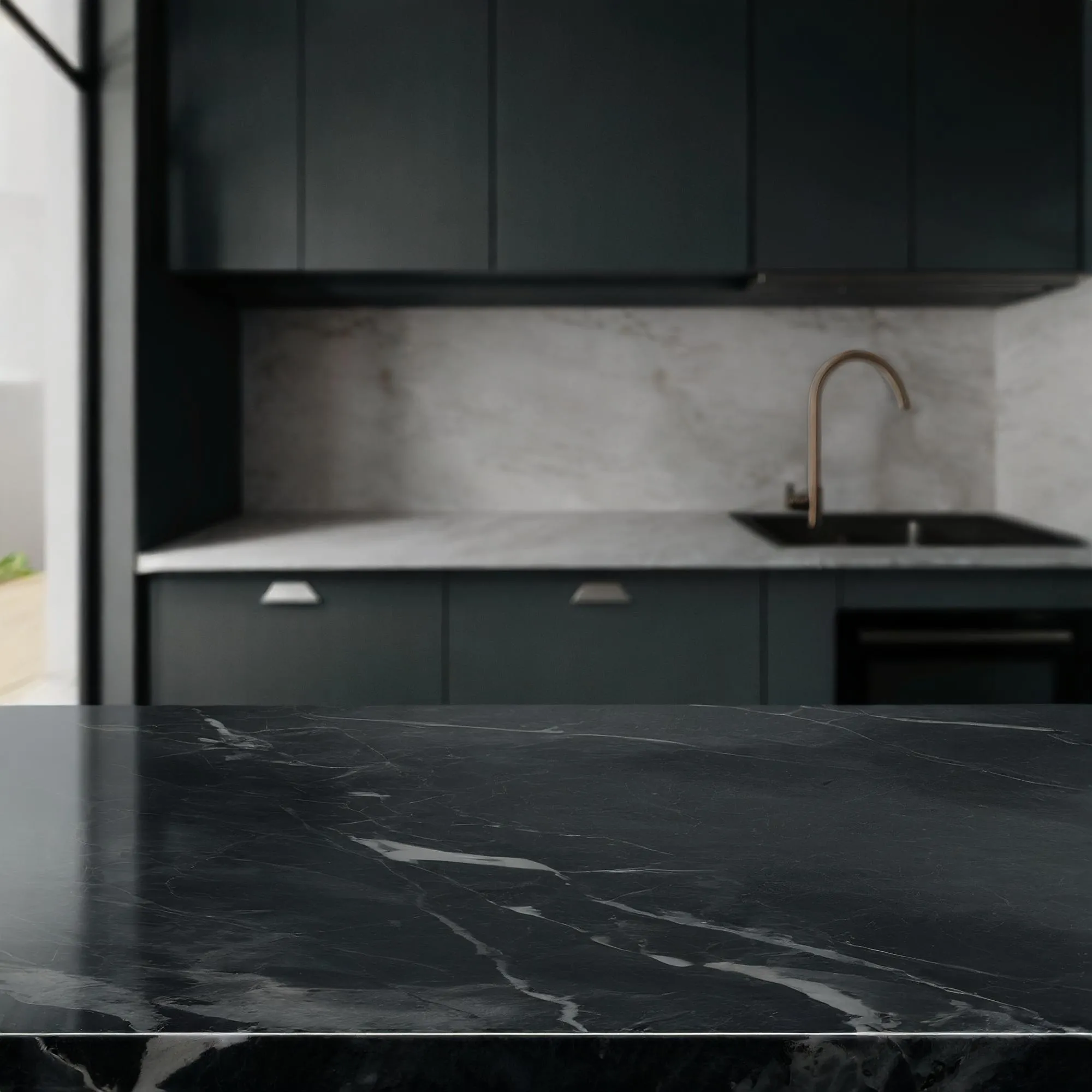 Modern empty dark marble tabletop on blurred kitchen background Ai Generated