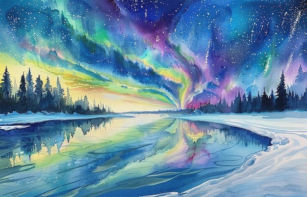 a painting of a rainbow with the night sky and trees in the background