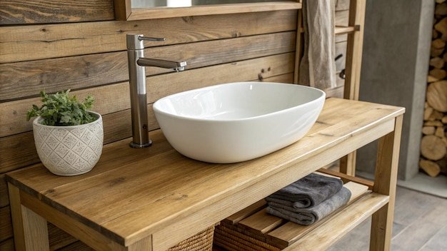a sink and a bowl are on a wooden shelf