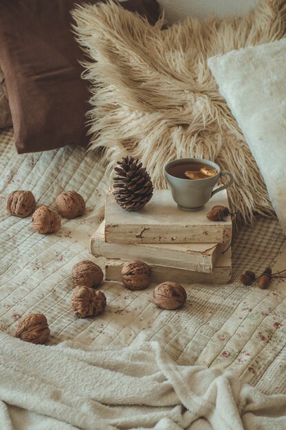Still life details in home interior of living room. Sweaters and cup of tea with a cone,  nuts and autumn decor on the books. Read, Rest. Cozy autumn or winter concept.
