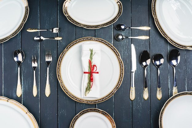 Top view of table setup on dark wooden surface 