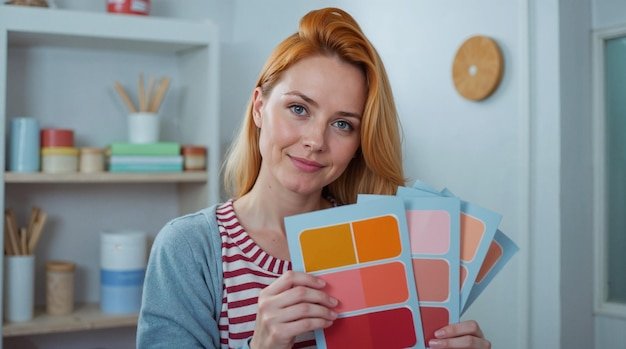 Woman holding paint swatches, smiling at the camera