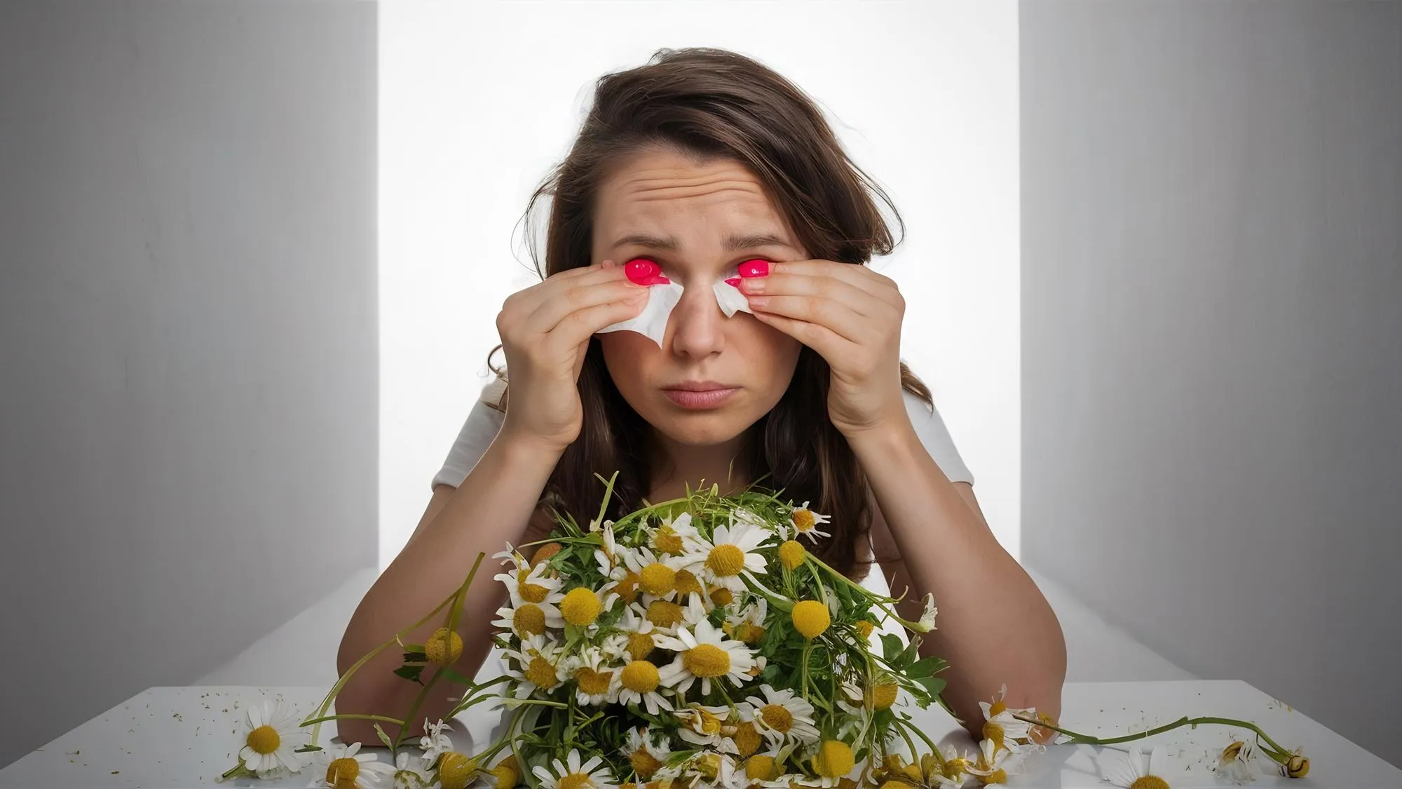 Woman rubs red watery eyes with tissue holds bouquet of camomile flowers being allergic to pollen i